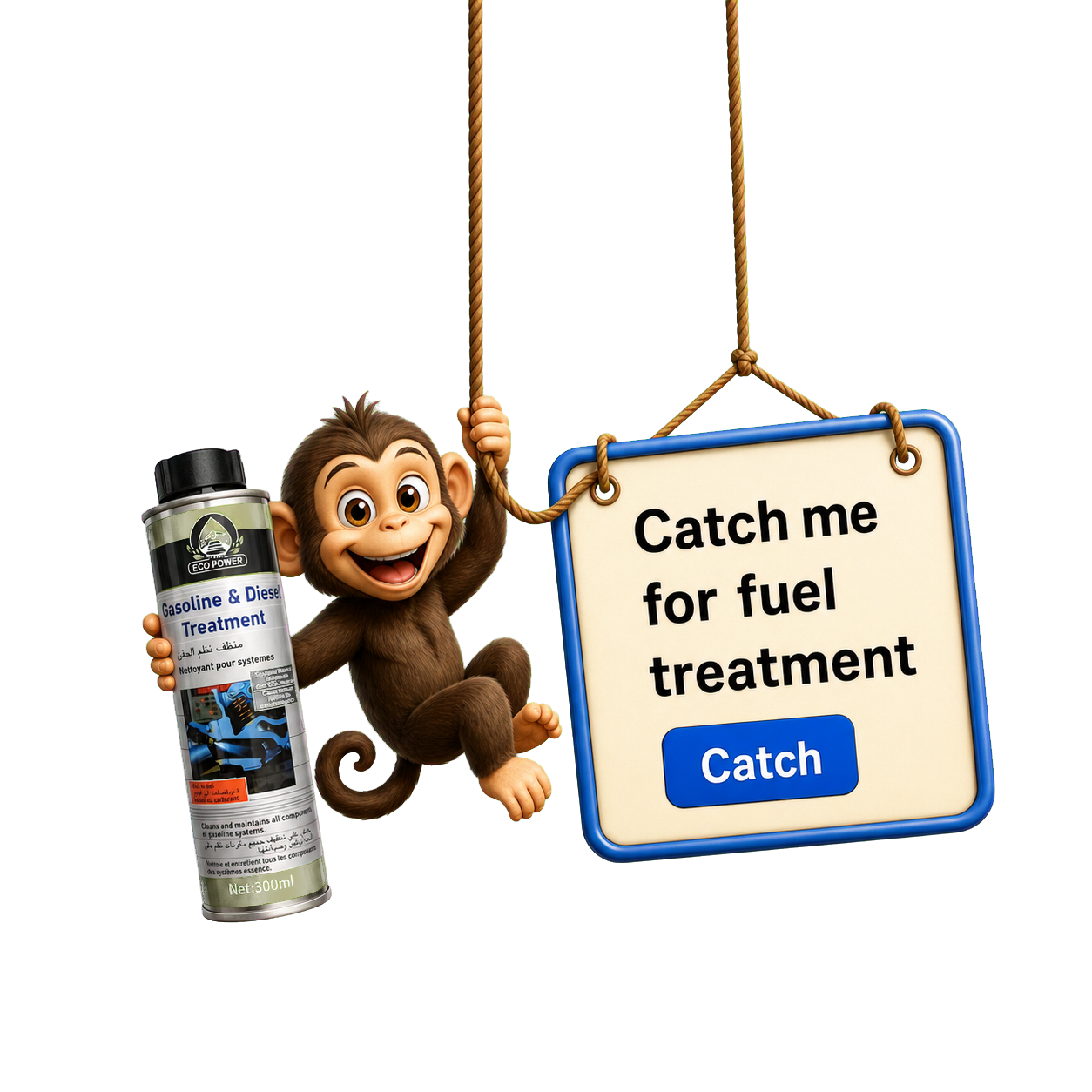 A small swinging monkey holding Eco Power fuel treatment and a Catch me for fuel treatment sign